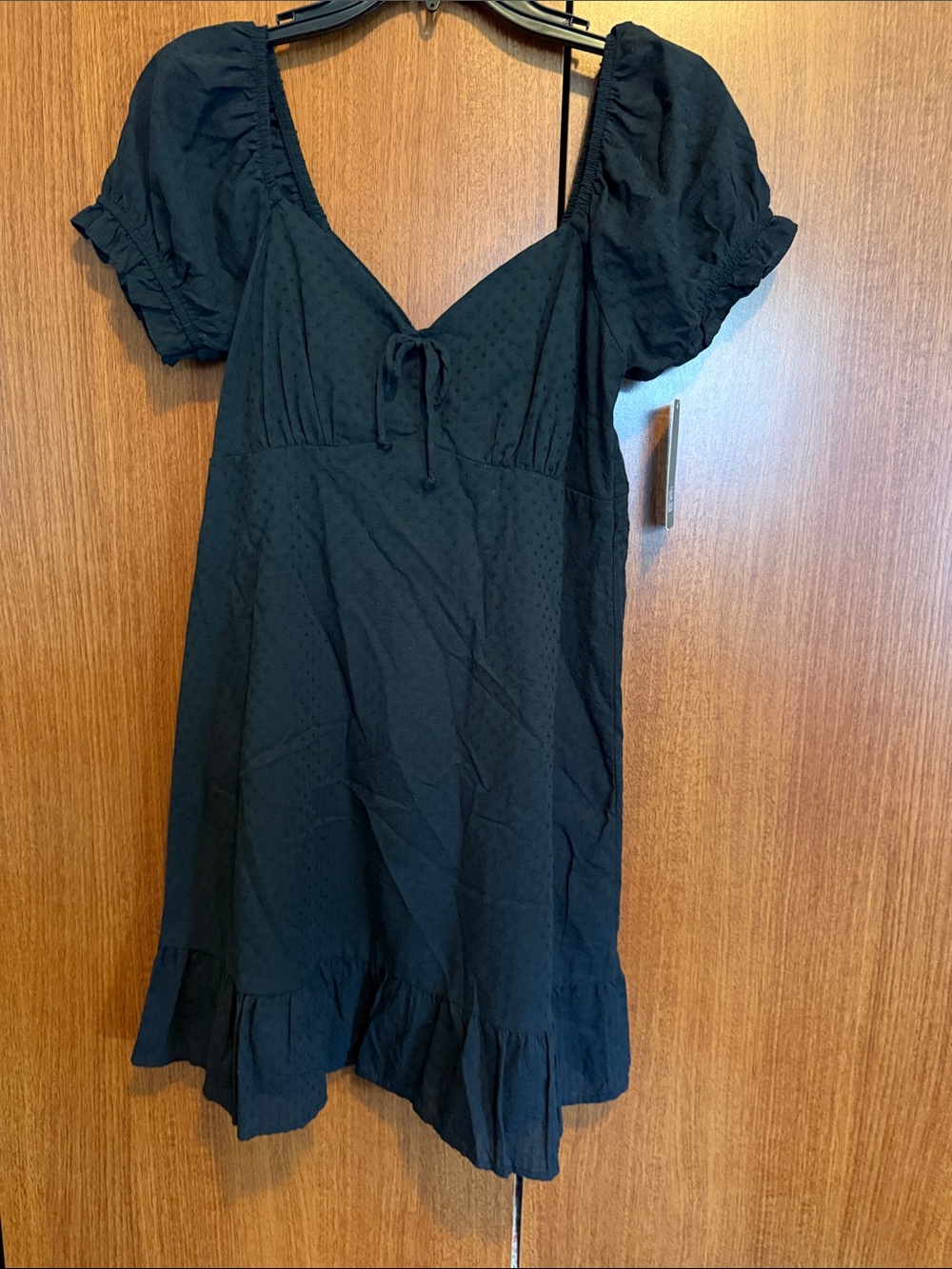 NWT Wild Fable Black Mini Dress with Puff Sleeves Dot Texture Ruffle Bottom